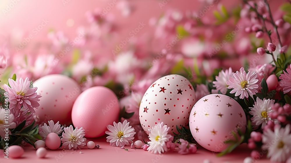 Glam Easter setting captured from a top view Eggs, porcelain rabbits, and chrysanthemums on a soft pink canvas, ready for your greeting text or ads Glam Easter setting captured from a top view Eggs, porcelain rabbits, and chrysanthemums on a soft pink canvas, ready for your greeting text or ads