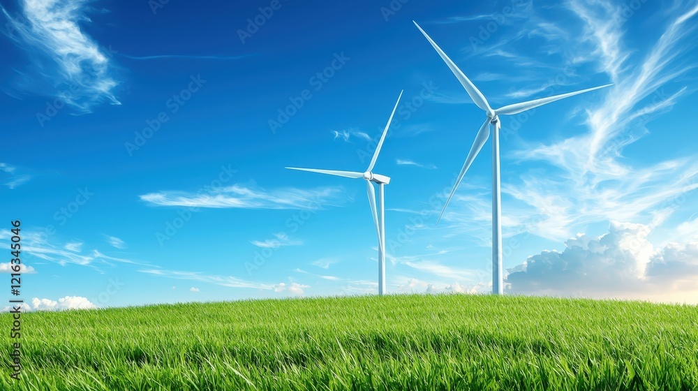 Wind Turbines on Green Hill Under Blue Sky Wind Turbines on Green Hill Under Blue Sky