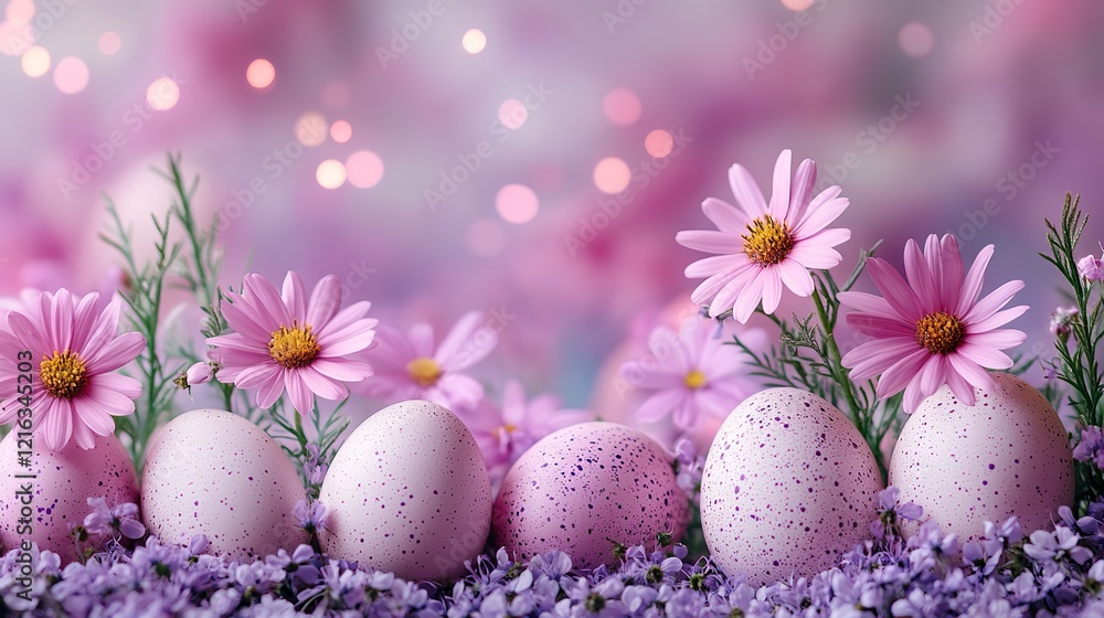Glamorous Easter snapshot taken from a top view, featuring eggs, chamomiles, and confetti on a pastel lilac canvas with space for greetings or promotional material Glamorous Easter snapshot taken from a top view, featuring eggs, chamomiles, and confetti on a pastel lilac canvas with space for greetings or promotional material
