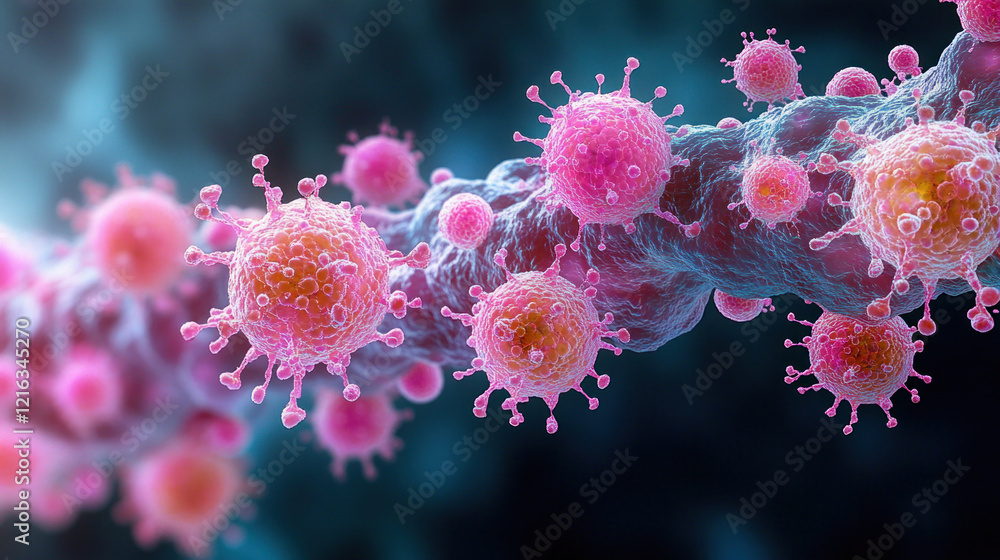 Fototapeta premium A microscopic view of a virus attaching to a cell membrane, with proteins and receptors visible