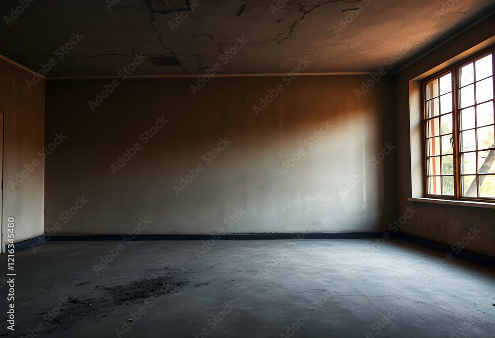 Obraz premium Dark industrial interior, empty warehouse space, moody atmosphere, dramatic lighting, two spotlights, golden light beams, large windows, blue tones, concrete floor, high ceiling, shadows, minimalist, 