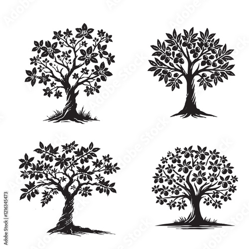 "Black Silhouette Vector of the Java Plum Tree on White Background