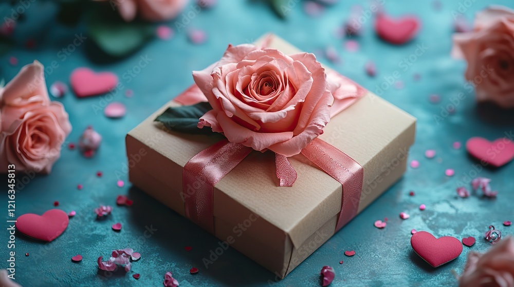 Glamorous vibes for your stunning sweetheart A top view shot of vibrant rose blooms, heart motifs, and a chic gift box on a soft pink backdrop with ample space for your personalized Womens Day message Glamorous vibes for your stunning sweetheart A top view shot of vibrant rose blooms, heart motifs, and a chic gift box on a soft pink backdrop with ample space for your personalized Womens Day message