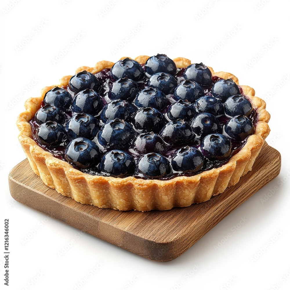 Blueberry tart on a wooden tray, isolated on a white background, creating a warm and rustic aesthetic. Blueberry tart on a wooden tray, isolated on a white background, creating a warm and rustic aesthetic.