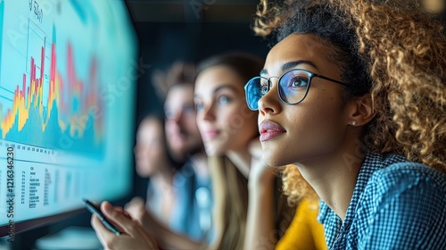 Close-up of a diverse team discussing a financial chart on a big screen, collaborative workspace, focused expressions 