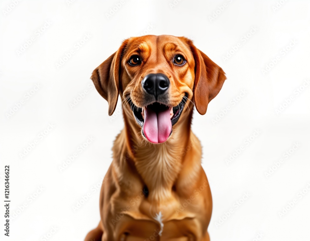 Adorable brown dog with open mouth, visible tongue. Cute pet smiling broadly. Indoor studio shot with isolated white background. Daylight. Close-up portrait. Perfect for pet care education concepts. Adorable brown dog with open mouth, visible tongue. Cute pet smiling broadly. Indoor studio shot with isolated white background. Daylight. Close-up portrait. Perfect for pet care education concepts.