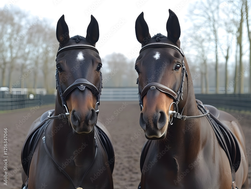 Obraz premium Groomed Horses Standing Side by Side in a Stable Amid a Serene Setting Showcasing Equine Beauty