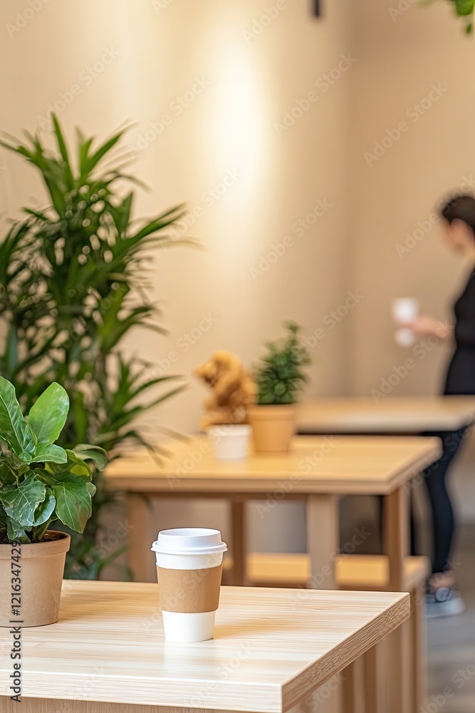 Fototapeta premium Cozy cafe scene featuring wooden tables, lush plants, and coffee