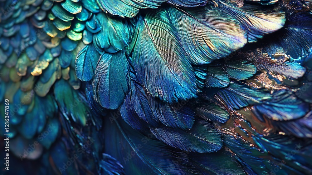 Fototapeta premium Iridescent peacock feathers, a close-up capturing the vibrant blues, greens, and golds of this beautiful plumage.