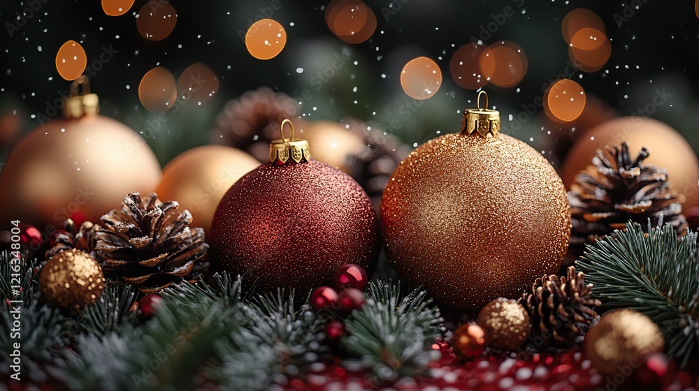 Golden balloons surrounded by various Christmas decorations on a vibrant red surface, creating a celebratory and festive atmosphere for a memorable holiday Golden balloons surrounded by various Christmas decorations on a vibrant red surface, creating a celebratory and festive atmosphere for a memorable holiday