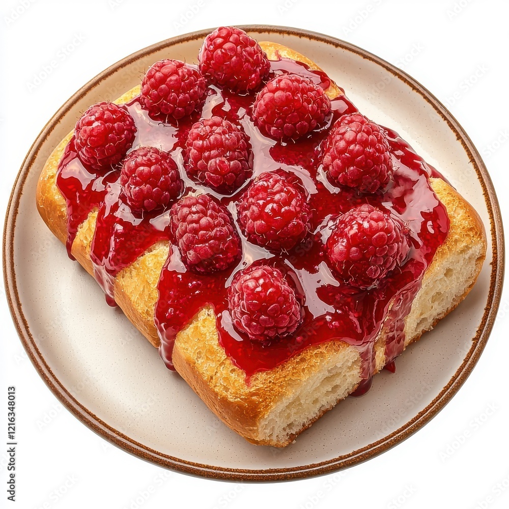 Bread with raspberry topping served on a plate, isolated on a white background, showcasing its appetizing presentation. Bread with raspberry topping served on a plate, isolated on a white background, showcasing its appetizing presentation.