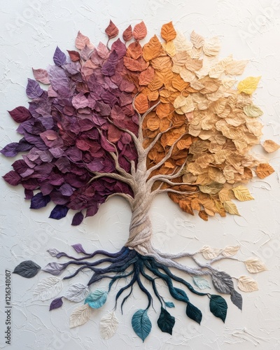 A beautifully crafted tree artwork made of colorful leaves, depicting a gradient of hues from purple to yellow, symbolizing the beauty of nature.