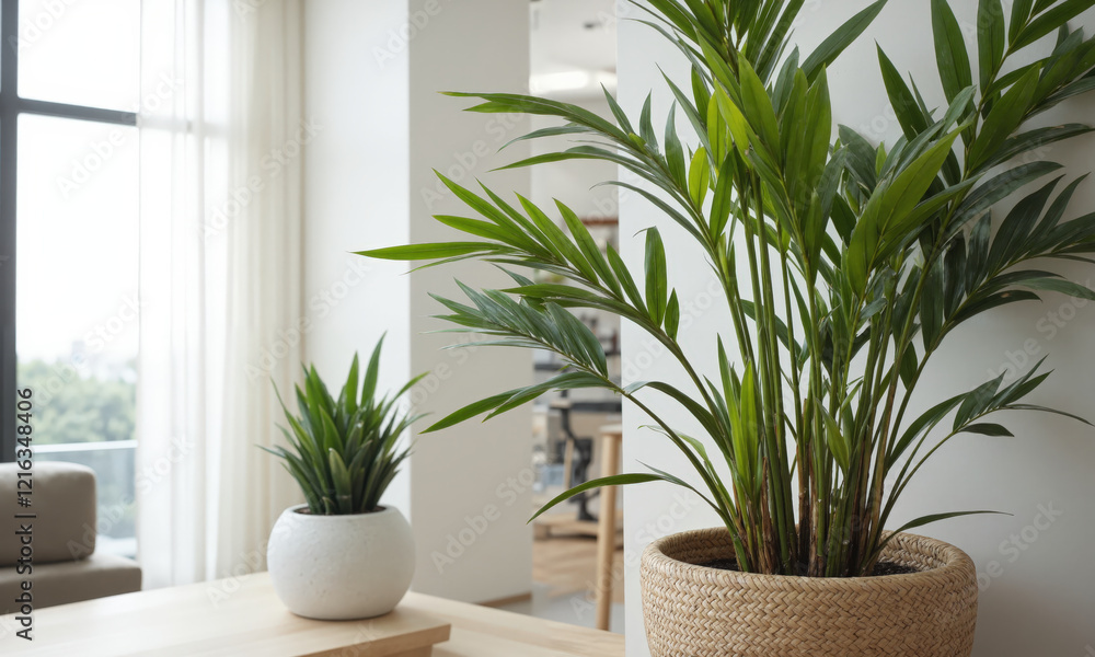 Bamboo Palm (Chamaedorea seifrizii) Tall, elegant palm with thin green stalks and soft, feathery fronds, potted in a large terracotta Bamboo Palm (Chamaedorea seifrizii) Tall, elegant palm with thin green stalks and soft, feathery fronds, potted in a large terracotta