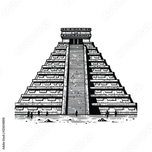 Hand Drawn Maya Pyramid Illustration in Black and White