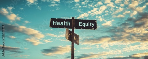 Health Equity written in white on a weathered black street sign against a dynamic sky with contrasting clouds, Generative AI