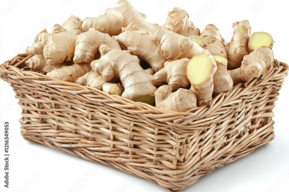 Basket of fresh ginger, isolated on a white background. Basket of fresh ginger, isolated on a white background.