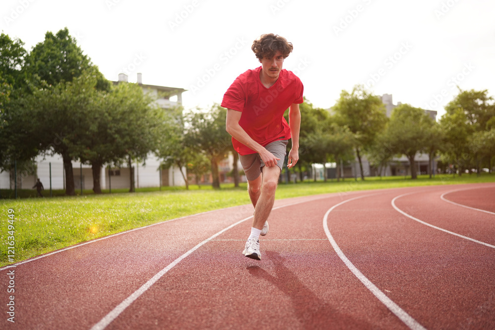 Man running along an outdoor running track during sunset