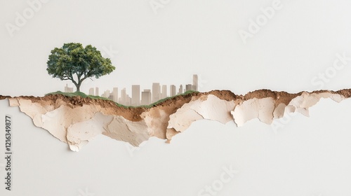 Urban encroachment on nature fragmented earth layers conceptual art modern environment close-up view environmental awareness