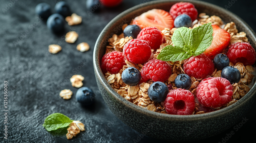 Oatmeal topped with fresh raspberries and blueberries and mint leaves in a bowl Oatmeal topped with fresh raspberries and blueberries and mint leaves in a bowl