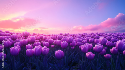 vibrant field of purple tulips under colorful sky at sunset creates serene and picturesque landscape. beauty of nature is truly captivating