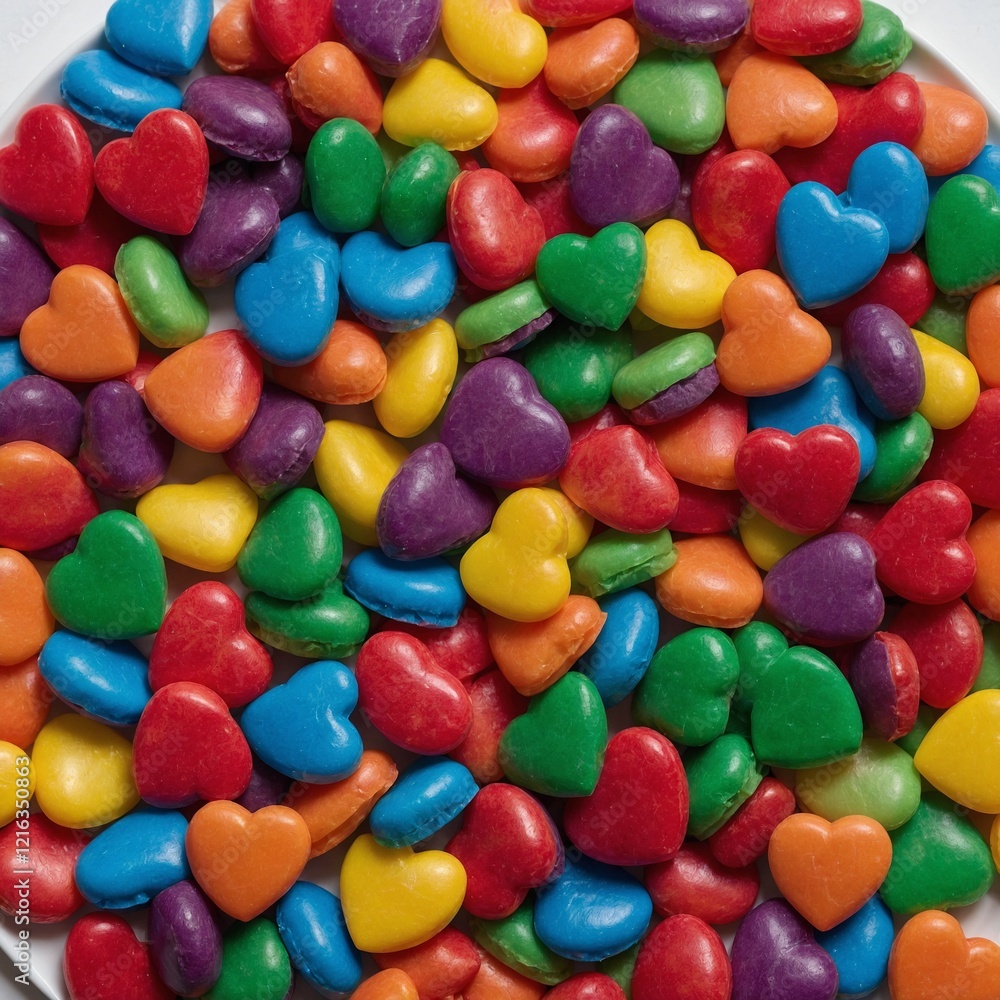 A vibrant display of heart-shaped candies in rainbow colors, arranged in the shape of a larger heart on a white plate. A vibrant display of heart-shaped candies in rainbow colors, arranged in the shape of a larger heart on a white plate.