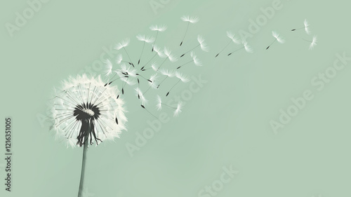 flying dandelion seeds on a light green background