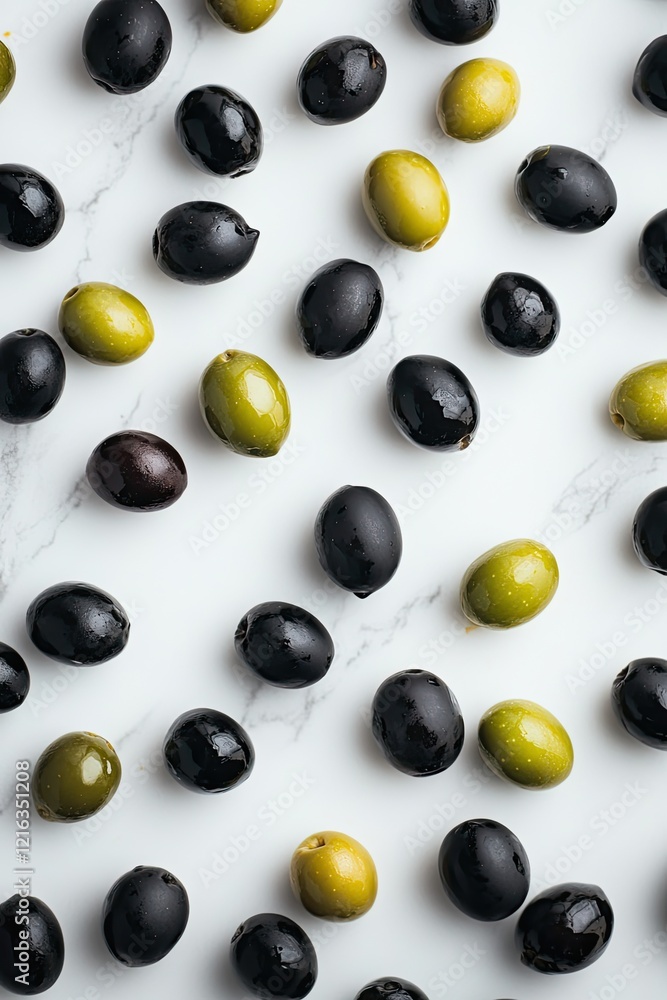 Colorful olives arranged artistically on light marble surface, s Colorful olives arranged artistically on light marble surface, s