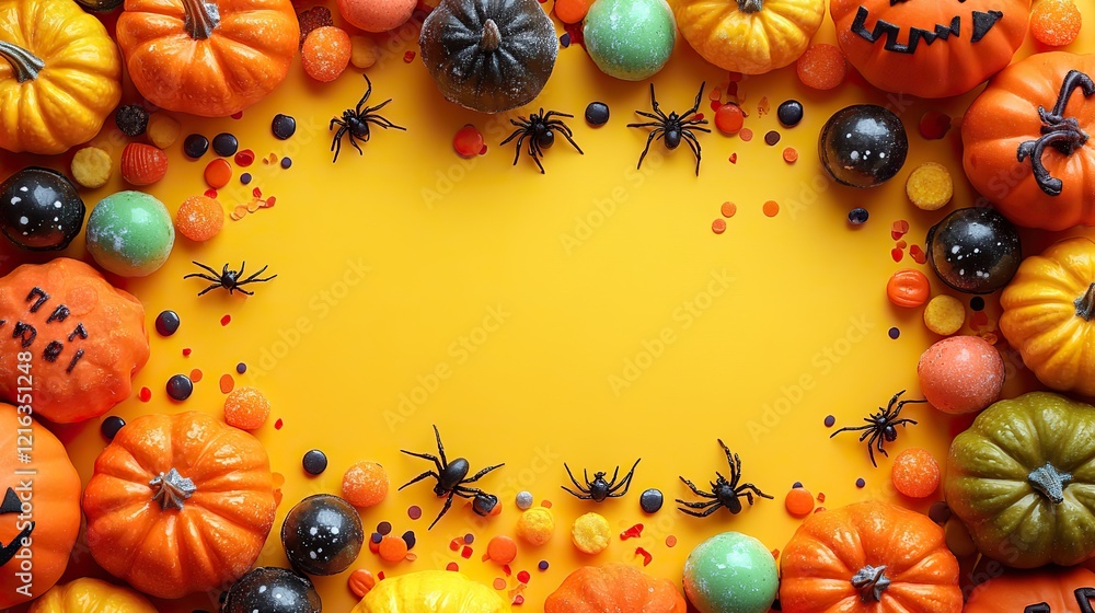 Fototapeta premium Halloween candy Pumpkins, candies, bats, centipedes, spiders, and confetti arranged on a bright yellow background for a festive Halloween scene