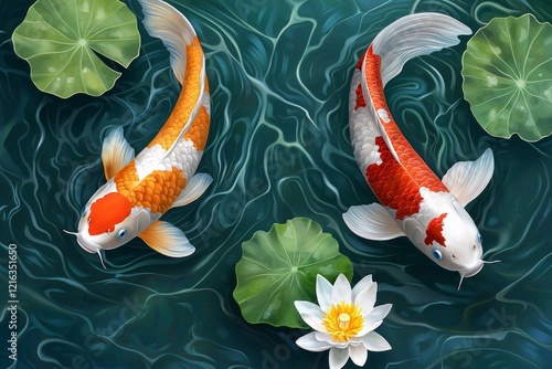 Two koi fish swimming in the water, with lotus flowers and leaves floating on top of it. Top-down perspective photo