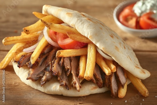 Savory pita filled with tender meat, crispy fries, fresh vegetab photo