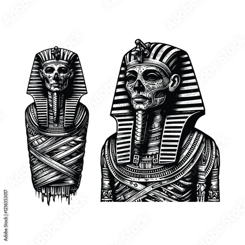  black and white egyptian mummy illustration hand drawn style