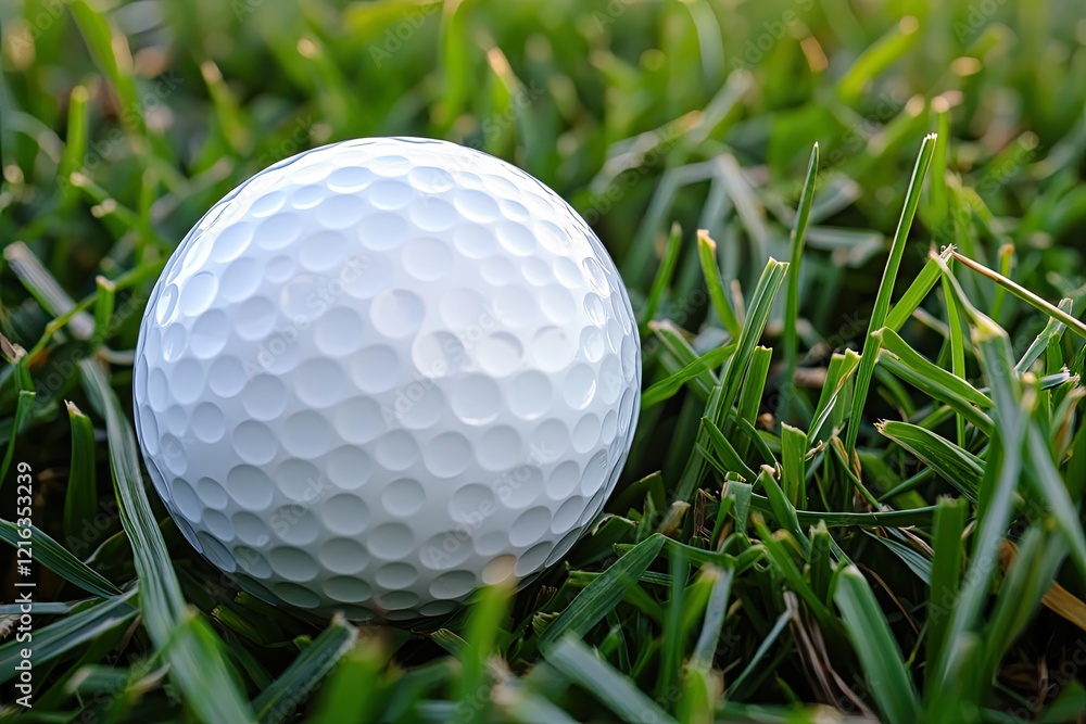 White golf ball resting on lush green grass, highlighting textur White golf ball resting on lush green grass, highlighting textur