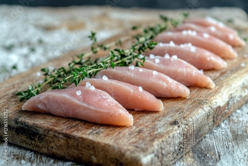 Fresh chicken fillets arranged neatly on rustic wooden board wit photo