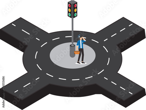 Confused businessman in determining career path, make a career path decision, choosing concept, confused businessman standing at a crossroads determining the direction of her career path