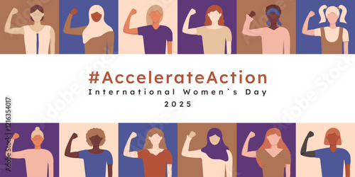 Bright diversity women banner template AccelerateAction. Geometric trendy square illustration. IWD 2025. Woman different ethnicities show hand strength pose like solidarity rights and gender equality