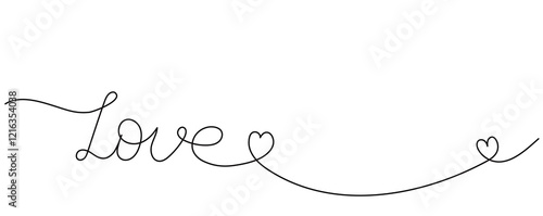 Continuous one line drawing of Love. Calligraphy lettering free handwriting wavy black word. Valentines banner with copy space and hearts. Editable stroke