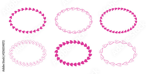 Elegant hand drawn Valentines day oval frames with hearts. Doodle pink romantic textboxes for quirky holiday, wedding, birthday gift decorations. Border with empty place for text.