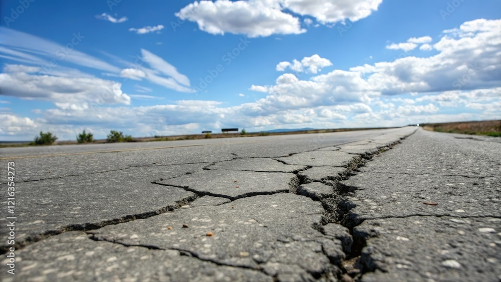 A close-up shot of a cracked asphalt road with a blue sky and white clouds above the cracks, white clouds, landscape, cracks A close-up shot of a cracked asphalt road with a blue sky and white clouds above the cracks, white clouds, landscape, cracks