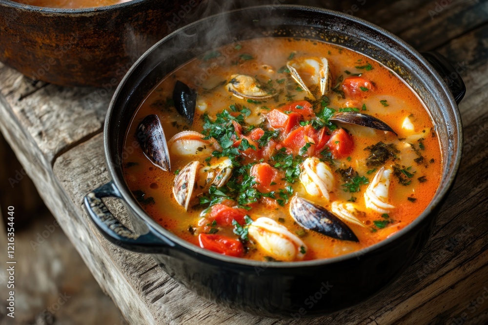 Aromatic seafood stew simmering with fresh herbs and vibrant ing