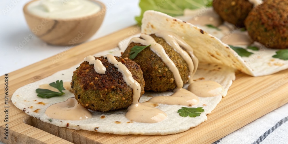 A close-up shot of creamy tahini sauce drizzled over crispy falafel on a wooden cutting board, creamy sauce, tahini sauce, dip A close-up shot of creamy tahini sauce drizzled over crispy falafel on a wooden cutting board, creamy sauce, tahini sauce, dip