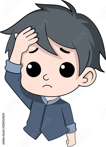 Concerned Boy Checking His Forehead Cartoon Illustration for Health Awareness