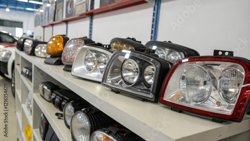 A cluster of automotive headlights on a shelf, with various styles and colors displayed, automotive goods, LED lights, automotive lights
