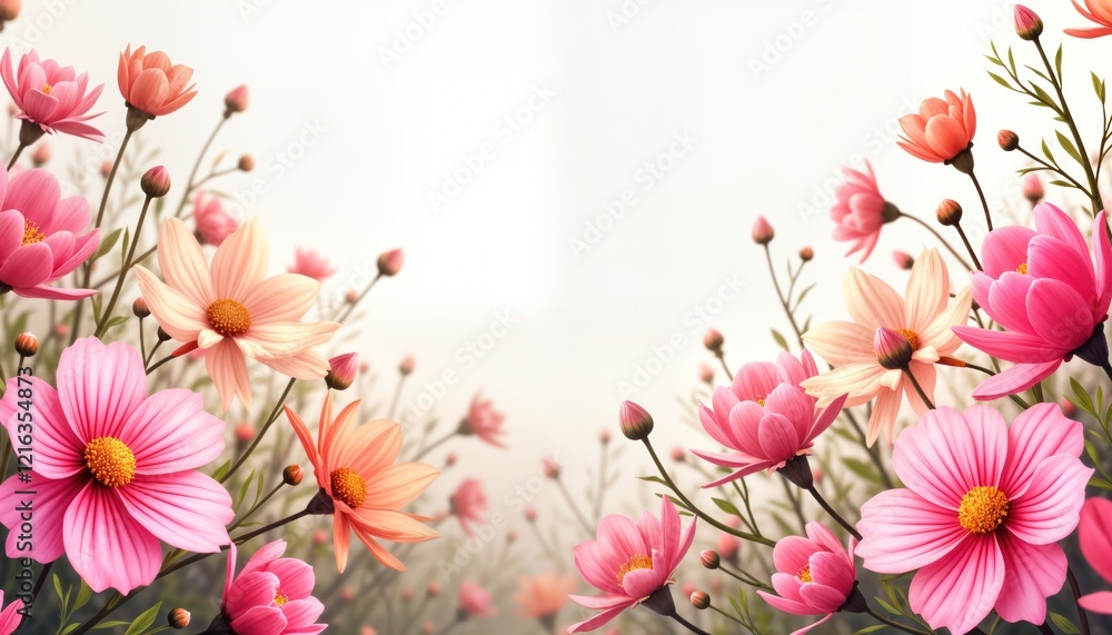 Vibrant pink, peach cosmos flowers bloom in garden. Gentle breeze creates soft movement among flora. Outdoor setting evokes peaceful, serene atmosphere. Natural beauty portrayed in summer season. Vibrant pink, peach cosmos flowers bloom in garden. Gentle breeze creates soft movement among flora. Outdoor setting evokes peaceful, serene atmosphere. Natural beauty portrayed in summer season.