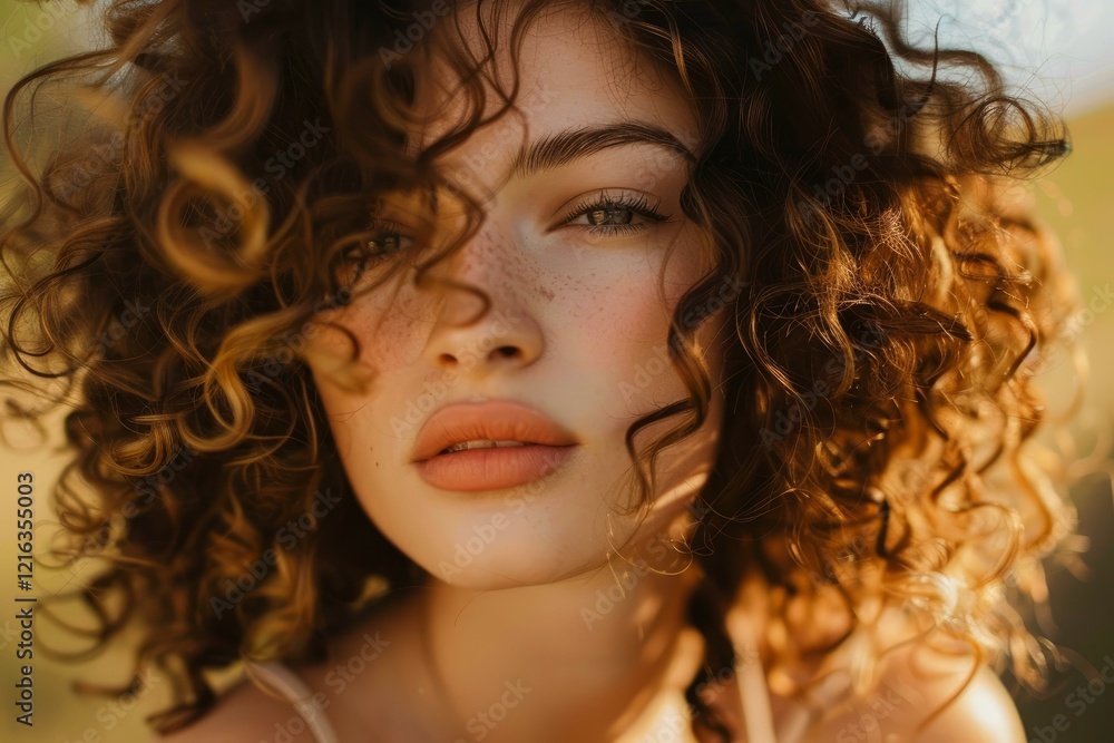 Close up portrait of a beautiful model with long, curly hair, illuminated by golden sunlight, creating a captivating image of natural beauty Close up portrait of a beautiful model with long, curly hair, illuminated by golden sunlight, creating a captivating image of natural beauty