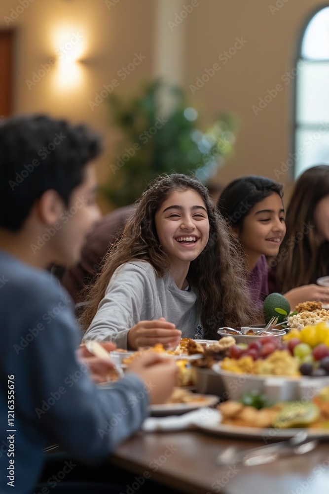 Students sitting at a long lunch table, sharing fruit and cookies while trading jokes Students sitting at a long lunch table, sharing fruit and cookies while trading jokes