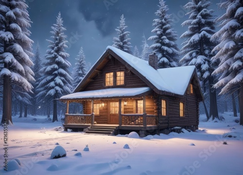 Wallpaper Mural A cozy cabin nestled among snow-covered trees in a winter wonderland, frosty atmosphere, Torontodigital.ca