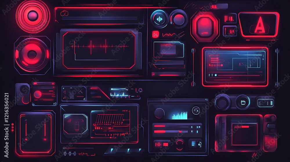 Obraz premium Futuristic Control Panel Interface: Neon Red and Blue Digital Display