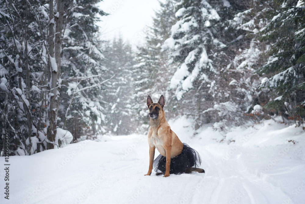 A Belgian Malinois dog sitting in a snowy forest. The scene captures the dog in a serene winter setting surrounded by tall snow-covered trees. A Belgian Malinois dog sitting in a snowy forest. The scene captures the dog in a serene winter setting surrounded by tall snow-covered trees.