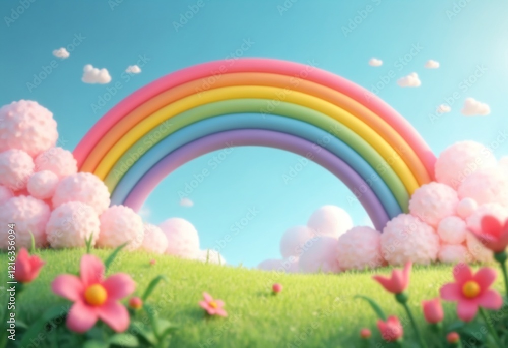Pastel clouds with a beautiful rainbow. 3d rendered rainbow sky, clouds, land Pastel clouds with a beautiful rainbow. 3d rendered rainbow sky, clouds, land