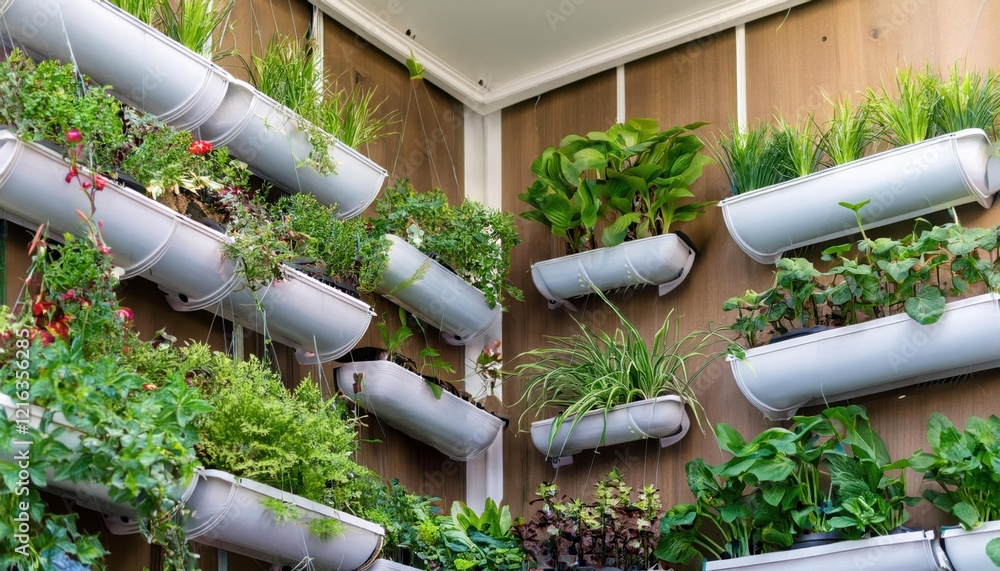 Vertical garden installation featuring a variety of plants in specialized containers for indoor decor Vertical garden installation featuring a variety of plants in specialized containers for indoor decor